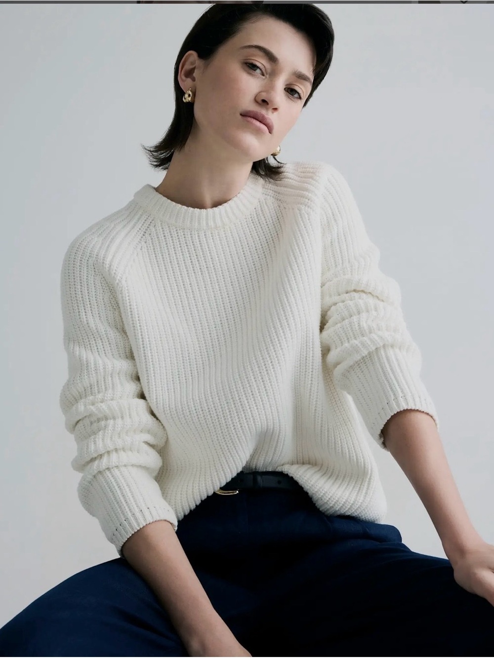 Quince Women Ivory White 100% Organic Cotton Fisherman Crewneck Sweater Size S